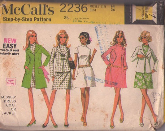 McCall's 2236 Vintage 60's Sewing Pattern Mod Dress Ensemble, Twiggy Short Secretary Dress, Blazer Suit Jacket, Button & Loop Coat Size 14