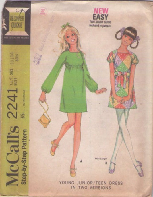 McCall's 2241 Vintage 60's Sewing Pattern Mod Mini Dress Set, Raglan Sleeve Short Twiggy Dress, 2 Styles Size 13/14