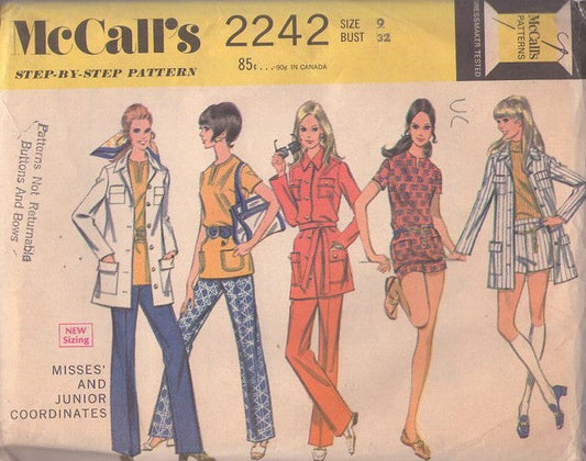 McCall's 2242 Vintage 60's Sewing Pattern Mod Separates, Mix & Match Multi Pockets Jacket, Top, Shorts, Pants SPY GIRL Size 9