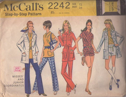 McCall's 2242 Vintage 60's Sewing Pattern Mod Separates, Mix & Match Multi Pockets Jacket, Top, Shorts, Pants SPY GIRL Size 12