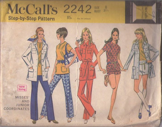 McCall's 2242 Vintage 60's Sewing Pattern Mod Separates, Mix & Match Coordinates, Top, Pants, Safari Pockets Shirt Jacket Blouse, Shorts Size 8
