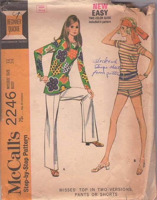 McCall's 2246 Vintage 60's Sewing Pattern Easy Summer Separates, Twiggy Long Sleeve Top, Tshirt, Hot Pants Shorts & Slacks Size 12