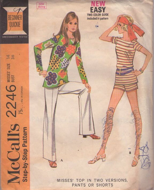 McCall's 2246 Vintage 60's Sewing Pattern Easy Summer Separates, Twiggy Long Sleeve Top, Tshirt, Hot Pants Shorts & Slacks Size 14