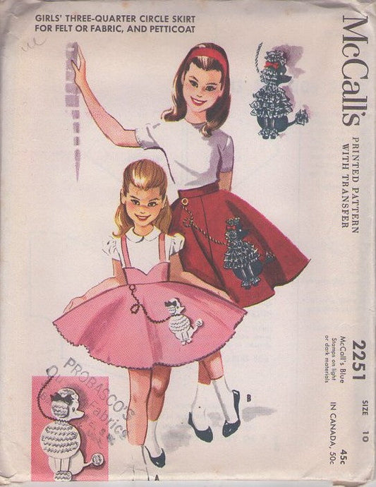 McCall's 2251 Vintage 50's Sewing Pattern Girls' Skirts, Real Original Sock Hop Applique Poodle Skirt, Felt Circle Skirt & Crinoline Petticoat Slip, Ruffled Poodle Size 10