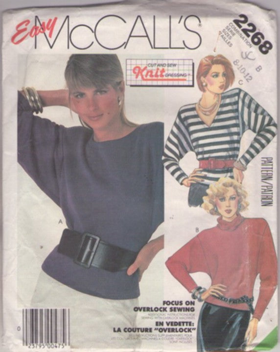 McCall's 2268 Vintage 80's Sewing Pattern Pullover Tops, Easy Knits, 3 Neckline Stretch Batwing Sleeve Effect Top, Shirt, 3 Styles Size 8-12