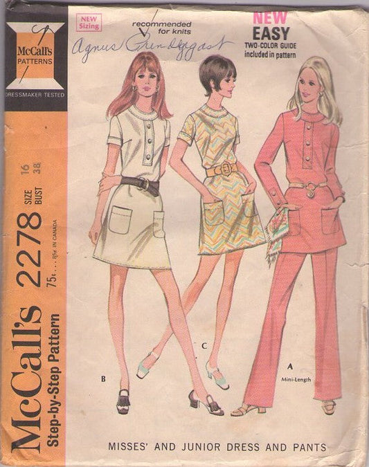 McCall's 2278 Vintage 70's Sewing Pattern Easy Mod Dresses, Secretary Button Band Trim Mini Dress, Tunic Top & Pants Pantsuit Size 12 UNCUT