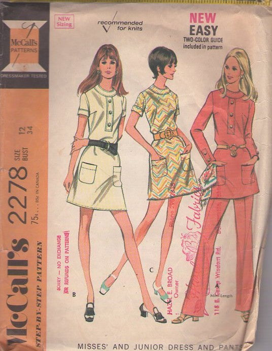 McCall's 2278 Vintage 70's Sewing Pattern Easy Mod Dresses, Secretary Button Band Trim Mini Dress, Tunic Top & Pants Pantsuit Size 12 CUT