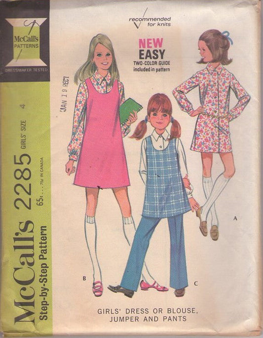 McCall's 2285 Vintage 70's Sewing Pattern Girls' Separates, Scoop Neck Jumper, Dress, Collared Blouse, Shirt Dress and Pants Size 4