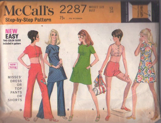 McCall's 2287 Vintage 70's Sewing Pattern Mod Dress, Crop Top, Tunic, Pants, Skimmer, Shorts Size 12