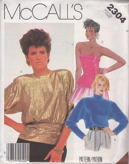 McCall's 2304 Vintage 80's Sewing Pattern Disco Top Set, Party Gold Lame Cocktail Blouse, Strapless Ruched Bustier with Peplum Size 10