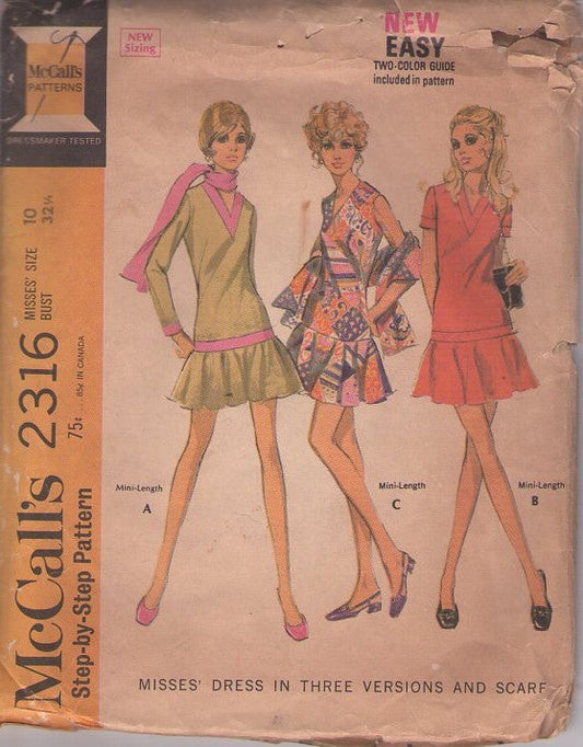 McCall's 2316 Vintage 70's Sewing Pattern Mod Dress Set, Drop Waist Long Torso Flounced Skirt V Neck Mini Dress, Long Scarf, 3 Styles Size 10
