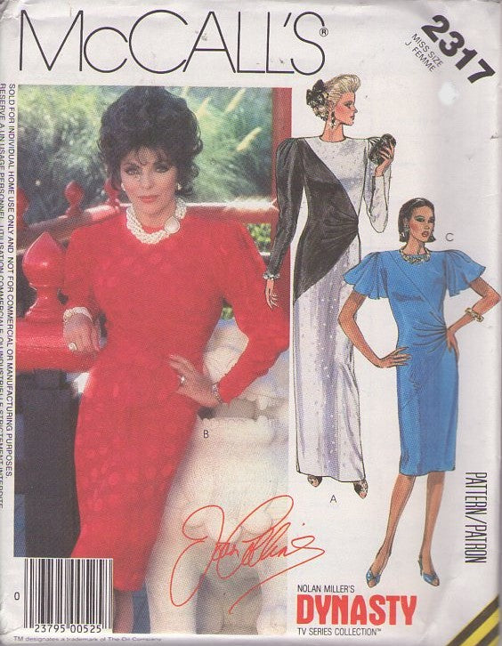 McCall's 2317 Vintage 80's Sewing Pattern Dynasty Dress Set, Joan Collins, Nolan Miller STARK OP ART Diagonal Contrast Ruched Holiday Party Dress, Vampy Evening Gown Size 10