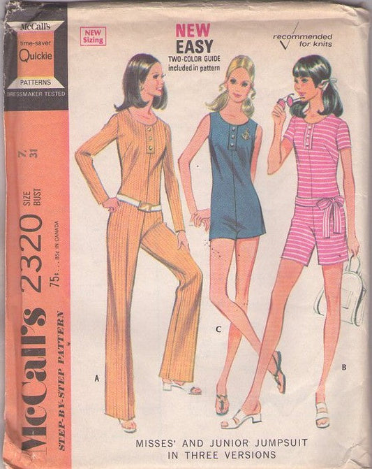 McCall's 2320 Vintage 70's Sewing Pattern Juniors' Jumpsuits, Mod Summer Romper, Jumpsuit, Catsuit 3 Easy Styles Size 7