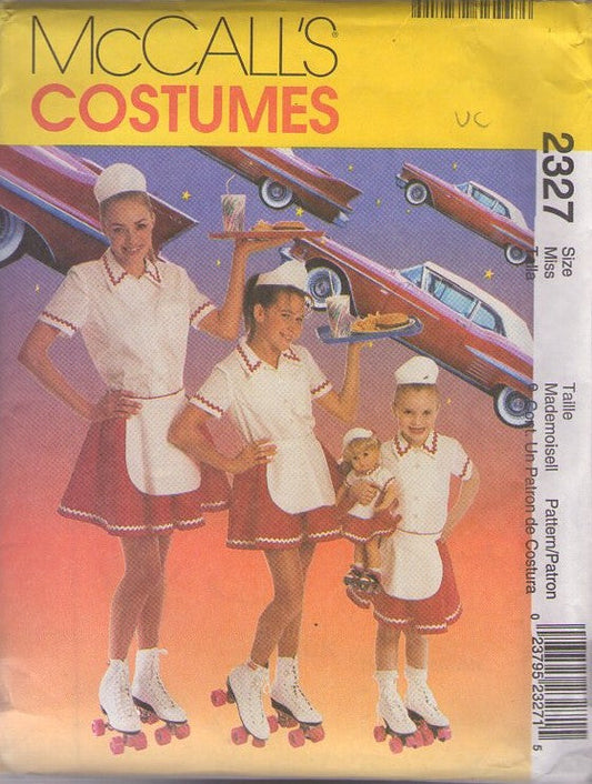 McCall's 2327 Retro 90's Sewing Pattern 1950s Costumes, Grease, American Graffiti 50s Style Roller Girl Car Hop Costume, Blouse, Skirt with Net, Apron, Headband, Girl's Women and 18 DOLL