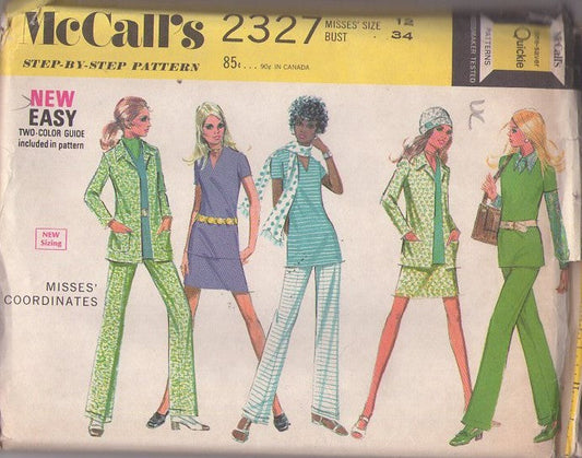 McCall's 2327 Vintage 70's Sewing Pattern Secretary Separates, Mix & Match Open Front Cardigan Jacket, Cuffed Slacks, A-Line Short Skirt & Top Size 12