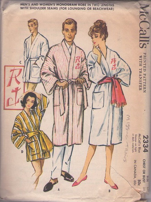 McCall's 2334 Vintage 50's Sewing Pattern Lounge Robes, Front Wrap Spa Robe, Bathrobe, Terry Cloth Beach Jacket or Lounge Coat Size S NO TRANSFER