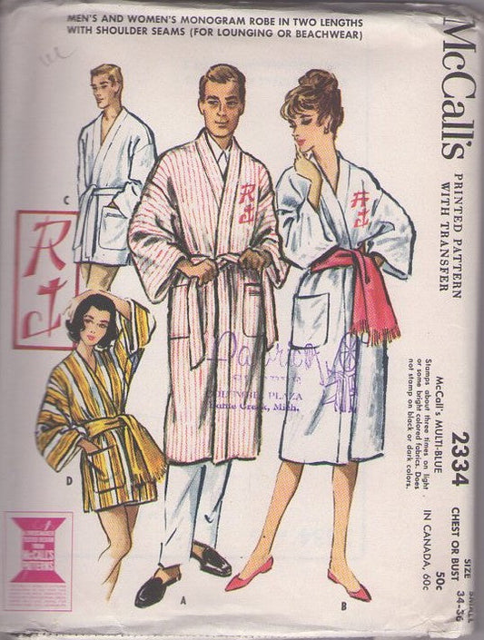 McCall's 2334 Vintage 50's Sewing Pattern Lounge Robes, Front Wrap Spa Robe, Bathrobe, Terry Cloth Beach Jacket or Lounge Coat Size S COMPLETE