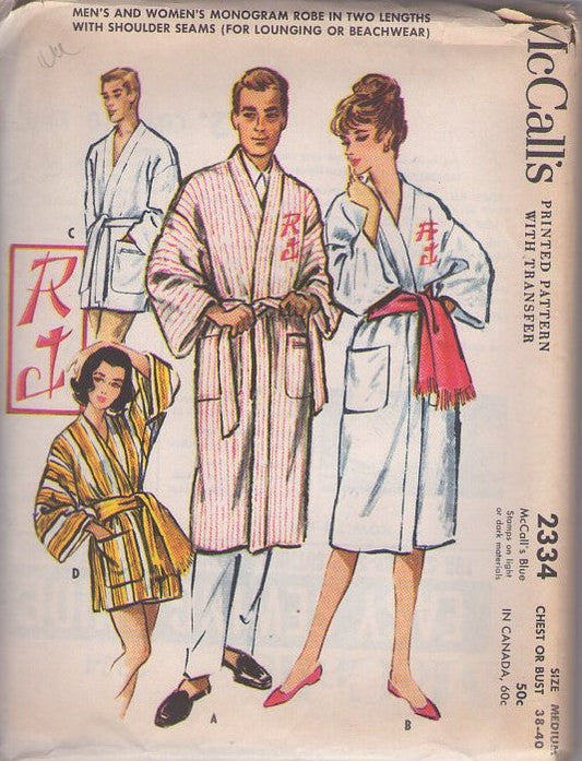 McCall's 2334 Vintage 50's Sewing Pattern Lounge Robes, Front Wrap Spa Robe, Bathrobe, Terry Cloth Beach Jacket or Lounge Coat Size M UNCUT