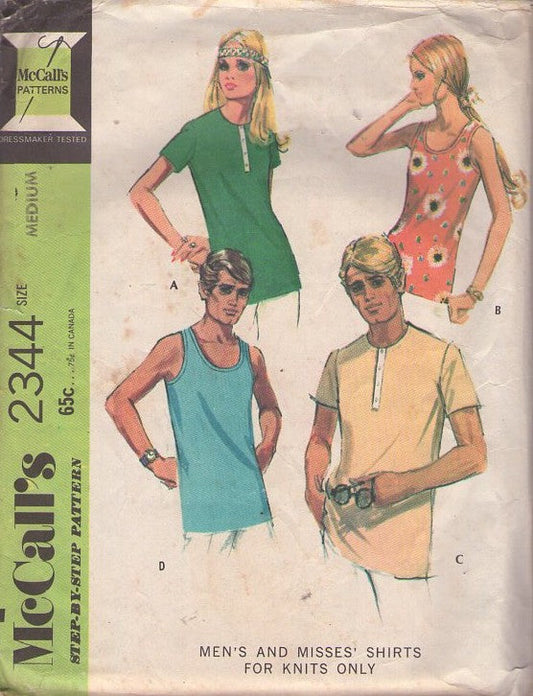McCall's 2344 Vintage 70's Sewing Pattern Adults' Tank Tops, Pullover Polo Shirt or Tank Top Set Size M