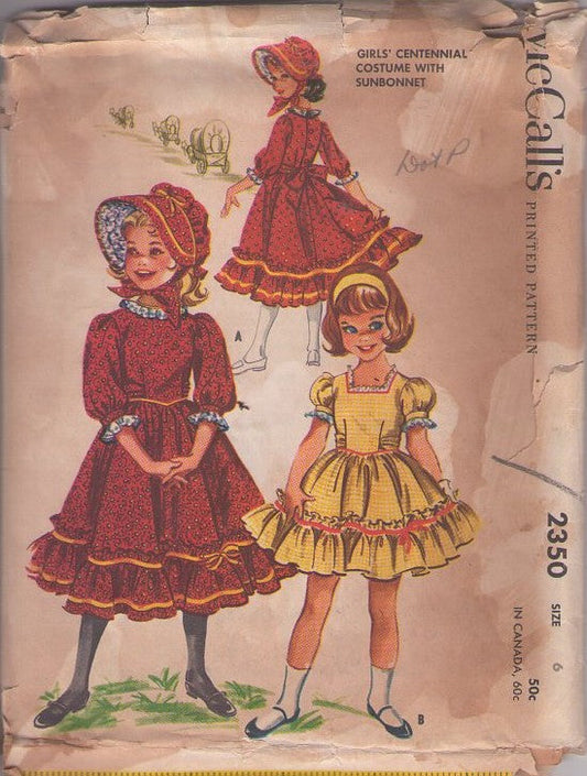 McCall's 2350 Vintage 50's Sewing Pattern Girls' Dress, Centennial Costume, Cottagecore Prairie Dress with Flounce, Lined Sun Bonnet Hat Size 6