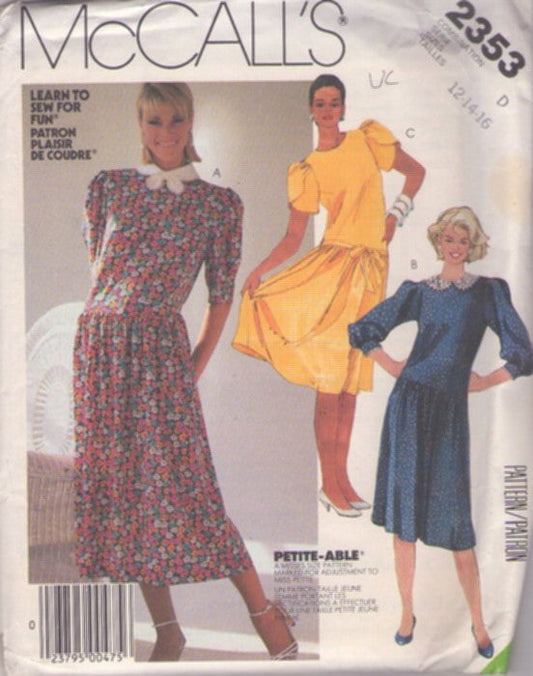 McCall's 2353 Vintage 80's Sewing Pattern Career Dresses, Cottagecore School Marm Drop Waist Secretary Day Dress 3 Styles Sie 12-16