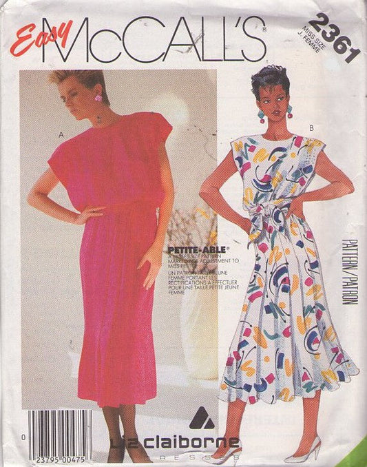 McCall's 2361 Vintage 80's Sewing Pattern Designer Dress, Liz Claiborne New Wave Era Bloused Bodice Fluted Hem or Pleats Garden Party Dress, Sash Belt Size 12
