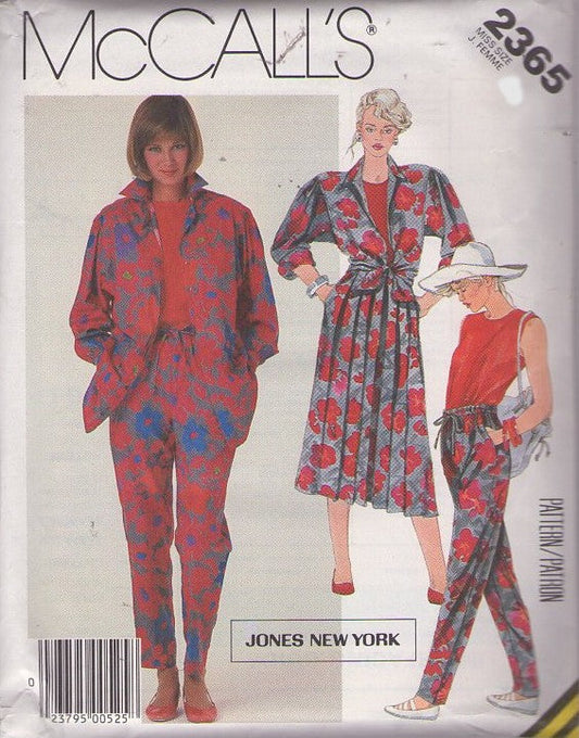 McCall's 2365 Vintage 80's Sewing Pattern Casual Separates, Mix & Match Boxy Tie Front Oversized Shirt Jacket, Drawstring Pants, Knife Pleats Skirt Size 8