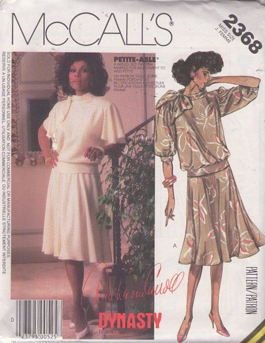 McCall's 2368 Vintage 80's Sewing Pattern Dynasty Party Dress, Diahann Carroll Nolan Miller Sassy Two Piece Dress, Tie Collar Hip Band Blouse Top, Flared Skirt Size 10