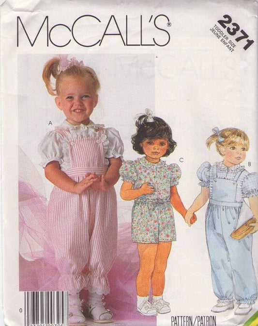 McCall's 2371 Vintage 80's Sewing Pattern Girls' Blouse, Overalls, Shorts, Peter Pan Collar Puff Sleeve Shirt, Bib Coveralls, Shorts Size 1