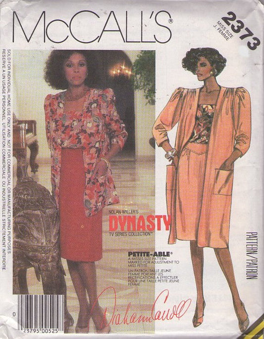 McCall's 2373 Vintage 80's Sewing Pattern Coat, Jacket, Suit Dress, Dynasty Diahann Carroll, Nolan Miller, Peplum Camisole Slip Top, Hip Yoke Skirt, Blazer, Loose Coat Size 12