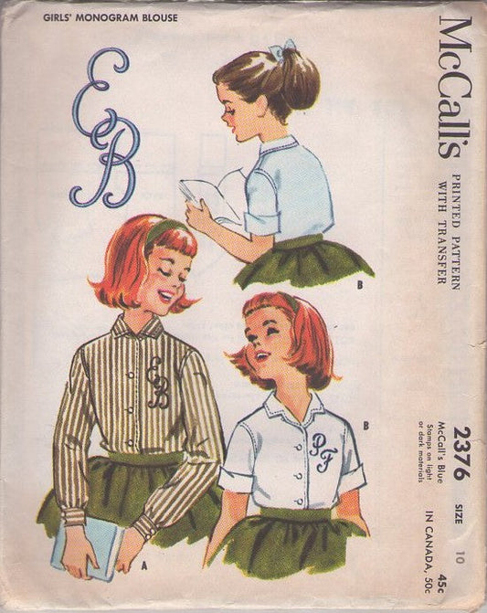 McCall's 2376 Vintage 50's Sewing Pattern Girls' Blouses, School Days Classic Front Buttoned Blouse Set, Transfer for Monogram Embroidery Size 10