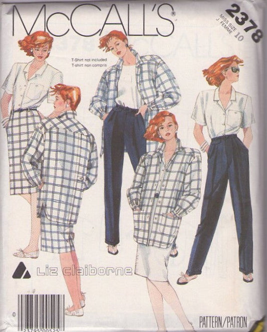 McCall's 2378 Vintage 80's Sewing Pattern Designer Separates, Liz Claiborne Collared Blouse, Slim Sheath Secretary Skirt, Pleated Trousers & Oversized Boxy Shirt Jacket Size 10