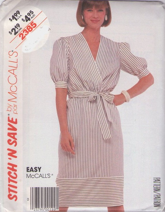 McCall's 2385 Vintage 80's Sewing Pattern Stitch N Save Dress, Easy Lapped Bodice, Contrast Hem Band, Puff Sleeve Secretary Dress Size 6-10