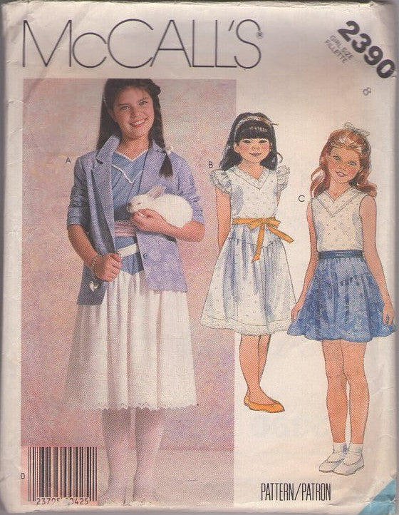 McCall's 2390 Vintage 80's Sewing Pattern Girls' Summer Easter Eyelet Lace Flutter Sleeve Blouse, Top, Yoked Skirt, Shirt Jacket Size 8