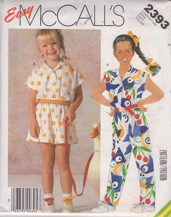 McCall's 2393 Vintage 80's Sewing Pattern Girls' Summer Set, Shirtwaist Romper, Jumpsuit Size 2-4