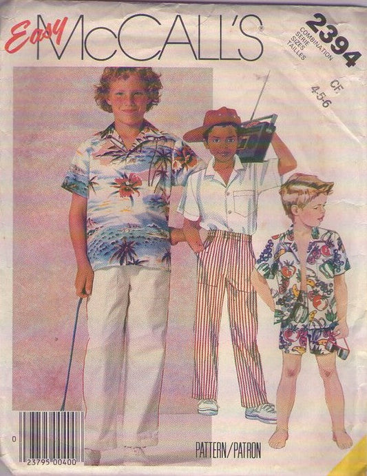 McCall's 2394 Vintage 80's Sewing Pattern Boys' Cabana Shirt, Beach Shorts, Pants, Dress Shirts Size 4-6