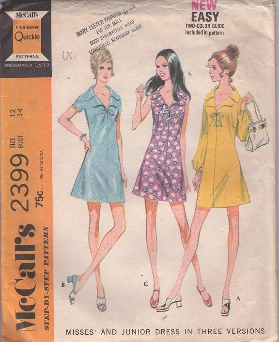 McCall's 2399 Vintage 70's Sewing Pattern Easy Mod Day Dress, Summer Secretary Mini Dresses, Collared, 3 Styles Size 12