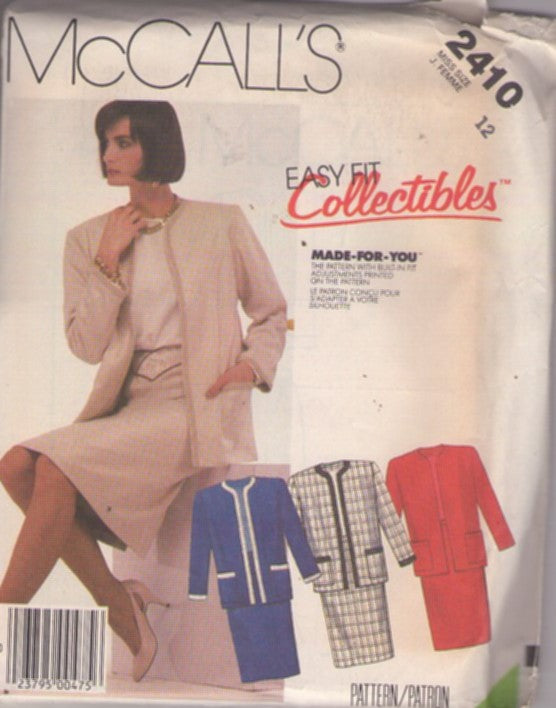 McCall's 2410 Vintage 80's Sewing Pattern Suit Separates, Easy Fit Collectibles, Jackie O Chanel Style Cardigan Suit Jacket & Slim Sheath Skirt Size 12