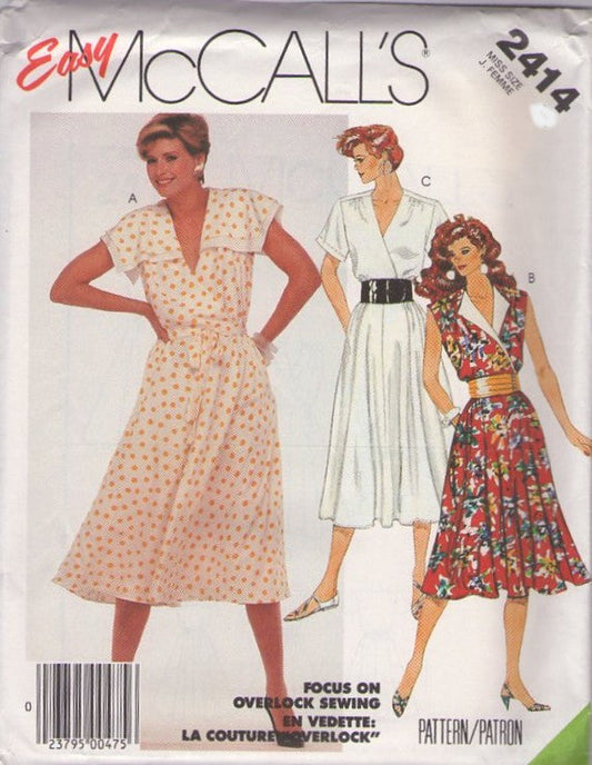 McCall's 2414 Vintage 80's Sewing Pattern Secretary Dress Set, Wing or Sailor Collar, Surplice Bodice, Flared Skirt, Garden Party Dress Size 10