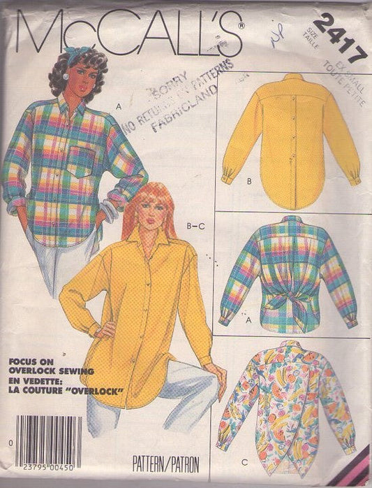 McCall's 2417 Vintage 80's Sewing Pattern Oversized Blouses, Rear Detail Shirt Set, Button Down, Tie or Flap Back Oversized Blouse, 3 Styles Size XS