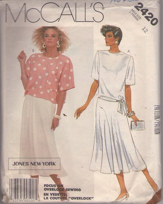 McCall's 2420 Vintage 80's Sewing Pattern Secretary Separates, Jones New York NY Boxy Oversized Crop Top or Asymmetrical Tied Hip Band Blouse, Flared Skirt, 2 Piece Dress Size 12