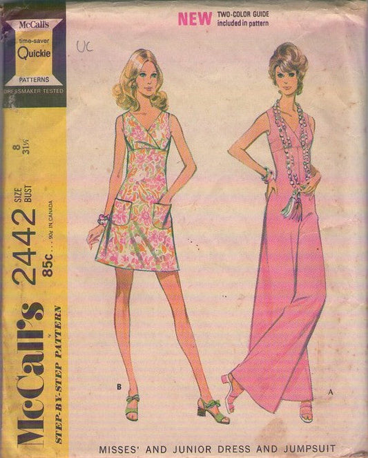 McCall's 2442 Vintage 70's Sewing Pattern Disco Jumpsuit, Empire Waist, Surplice Crossover Bodice, Mini Dress or Hostess, Palazzo Pant Legs Size 8