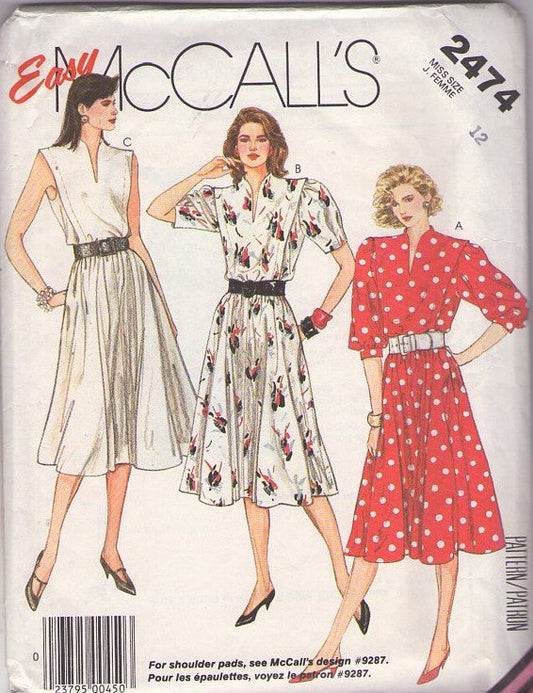 McCall's 2474 Vintage 80's Sewing Pattern Dress Set, Secretary Stand Up Collar Garden Party Dress, Stand Up Collar Size 12