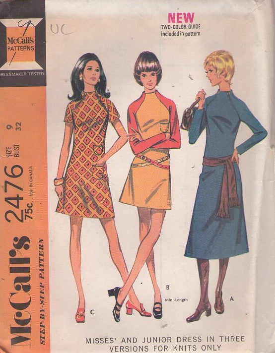 McCall's 2476 Vintage 70's Sewing Pattern Mod Dress Set, Twiggy Stand Up, Funnel Neck Zippers Dresses, 3 Styles Size 9