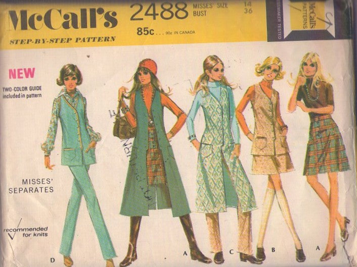 McCall's 2488 Vintage 70's Sewing Pattern Mod Separates, That Girl V Neck, Cardigan Vest Jacket, Long Coat, Mini Skirt, Slacks Size 14