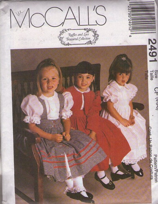 McCall's 2491 Retro 90's Sewing Pattern Girls' Dress Separates, Ruffles & Lace, Cottagecore Dress, Cross Straps Skirt, Jumper, Pinafore, Jacket Size 4-6