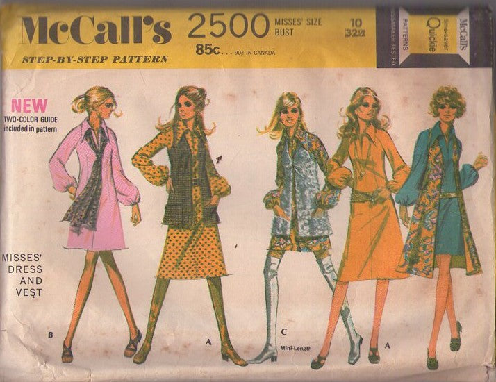 McCall's 2500 Vintage 70's Sewing Pattern Mod Dress, Vest, Brady Bunch Vibes, Fit & Flared Balloon Sleeve Dress, Vest Jacket Size 10 CUT