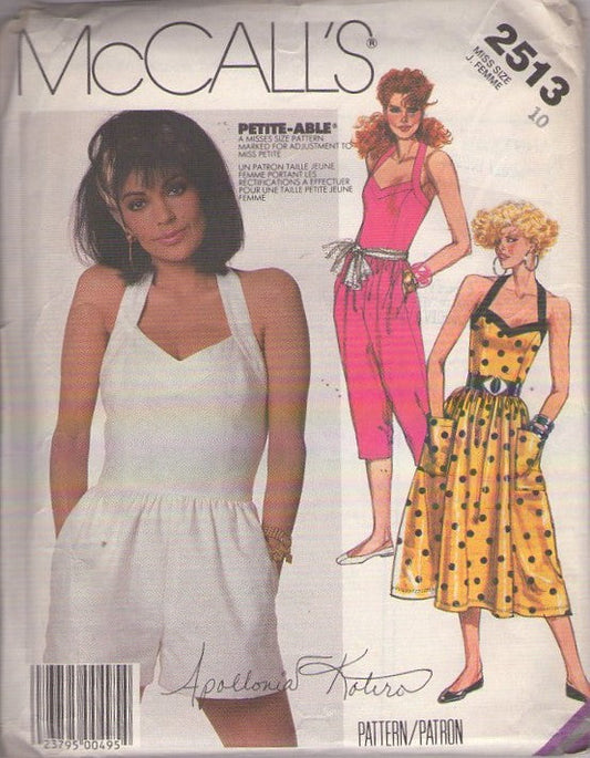 McCall's 2513 Vintage 80's Sewing Pattern Rompers & Sundress, Apollonia Kotero, Sweetheart Neckline Sunsuit, Capri Jumpsuit, Rockabilly Sun Dress Size 10