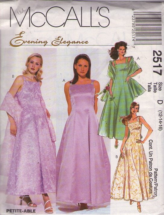 McCall's 2517 Retro 90's Sewing Pattern Formal Gowns, Evening Elegance, Prom or Wedding Dress, Princess Seams, Straps, Wrap Stole Size 12-16