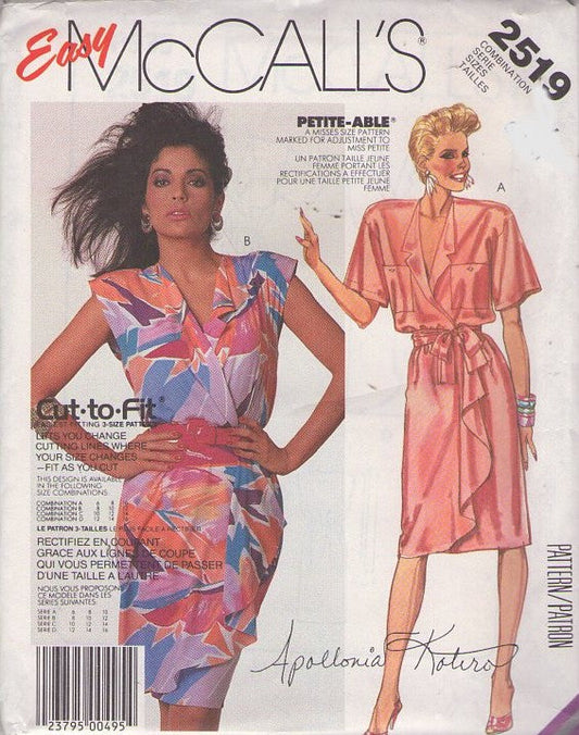 McCall's 2519 Vintage 80's Sewing Pattern Dress & Belt, Apollonia Kotero, Faux Wrap Around Collared Cascading Drape Summer Dress Size 6-10